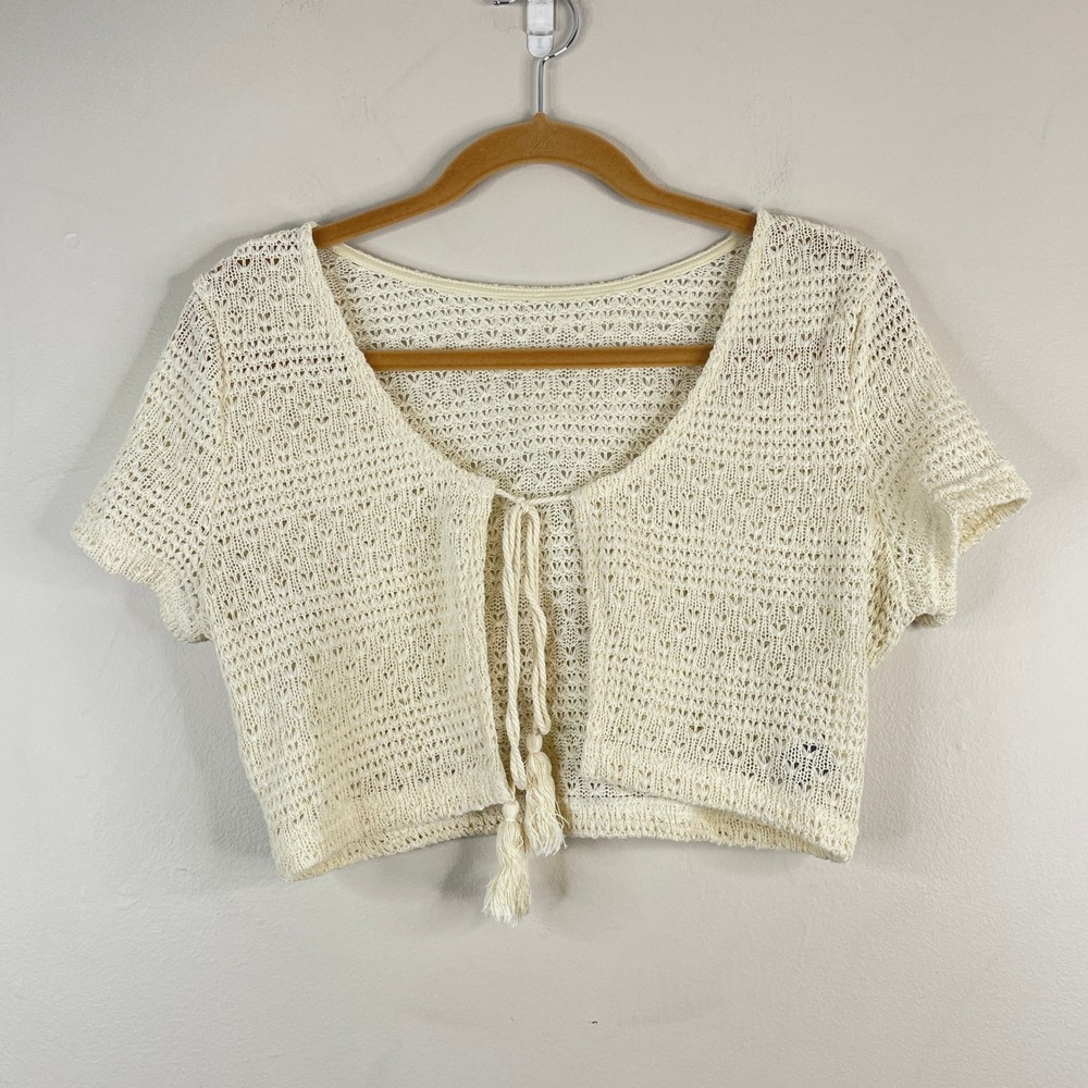 Crochet Boho Cottage Sweater Womens Large Ivory Crop Festival Tasseled Prairie